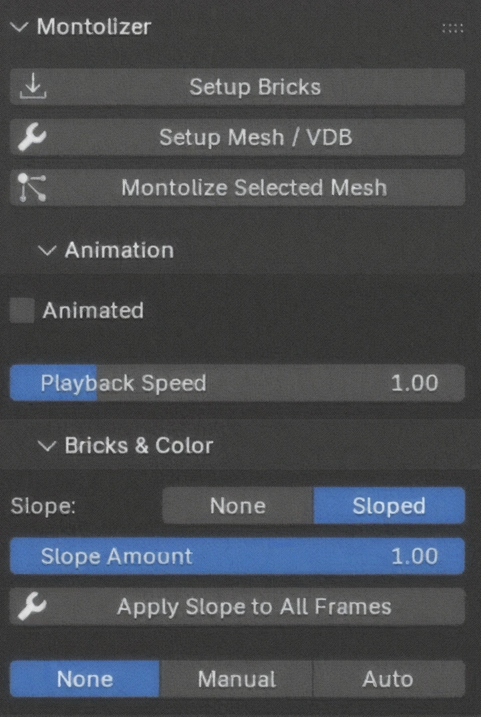 The Montolizer sidebar panel in Blender, showing Setup Bricks, Setup Mesh / VDB, Montolize Selected Mesh, and the Animation and Bricks & Color sub-panels.